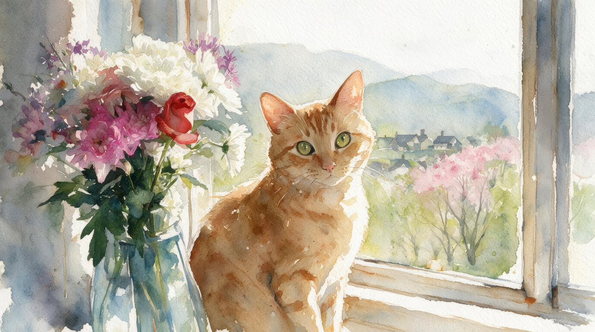 Dougie, ginger cat beside flowers at a window, digital pet artwork example