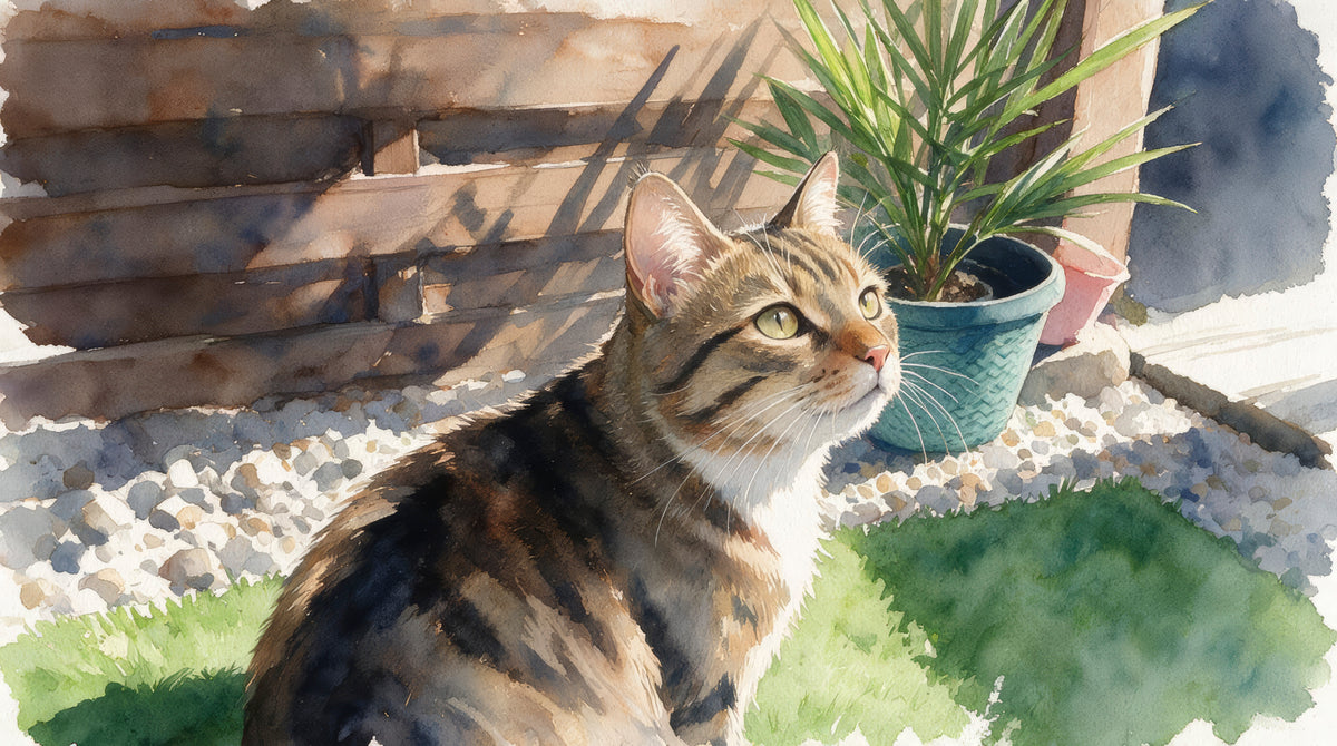Leah, tabby cat in a sunny garden, digital pet artwork example