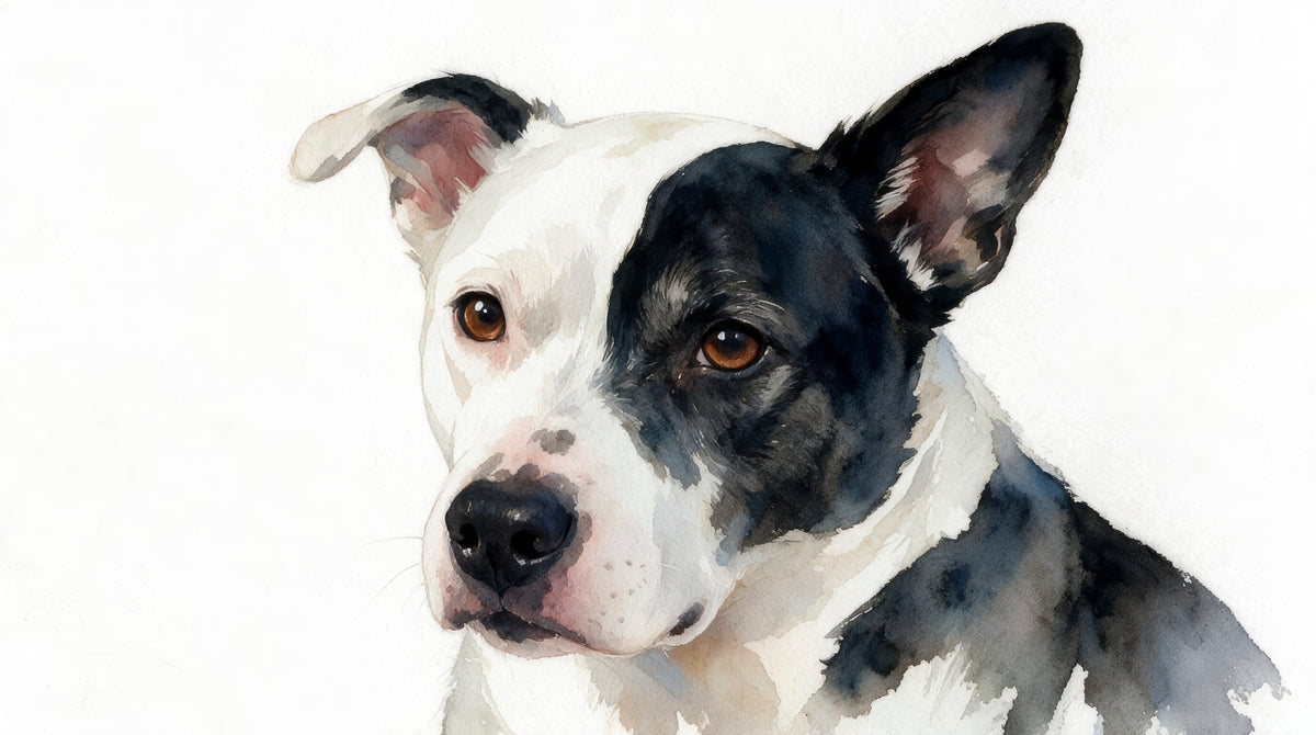 Trixie, black-and-white dog, watercolour-style digital pet artwork example