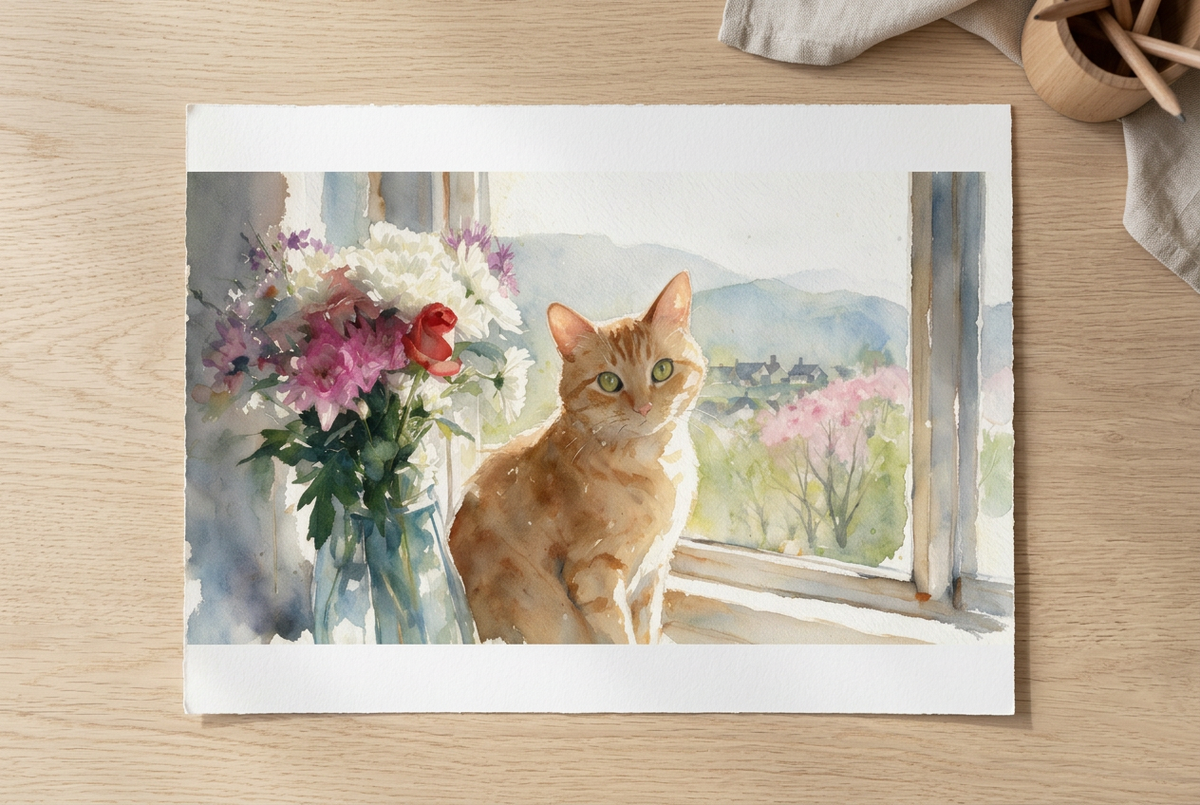 Illustrative mock-up of Dougie's personalised cat artwork as an unframed paper print