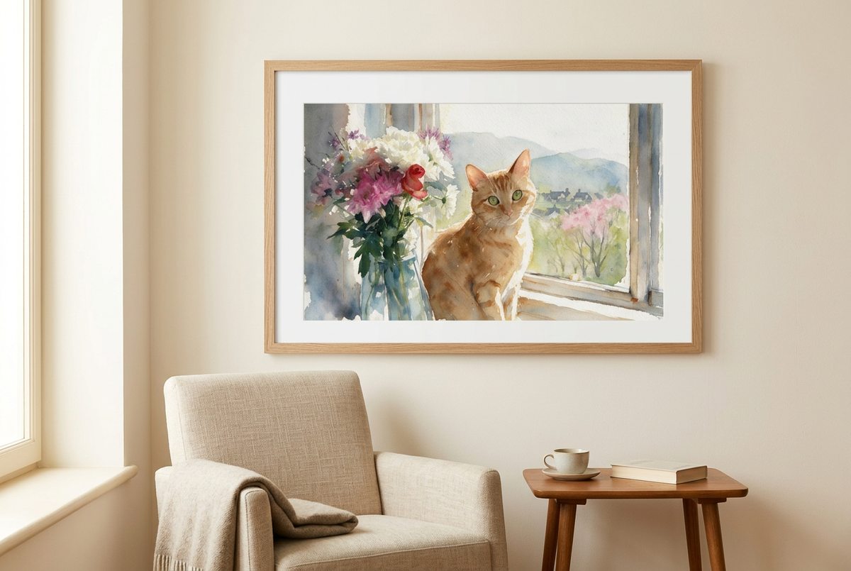 Illustrative home mock-up of Dougie's cat art print in a reading corner. Print supplied unframed; frame and mount not included.
