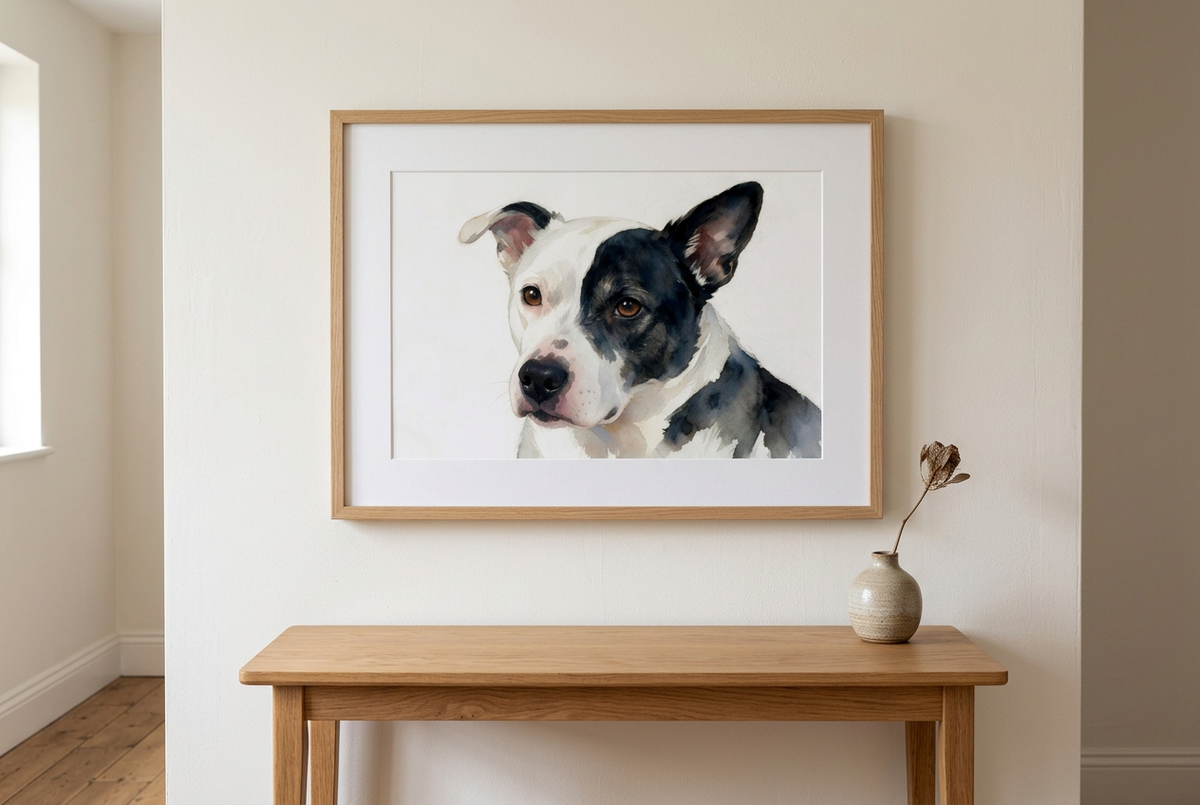 Illustrative home mock-up of Trixie's pet art print above an oak console. Print supplied unframed; frame and mount not included.