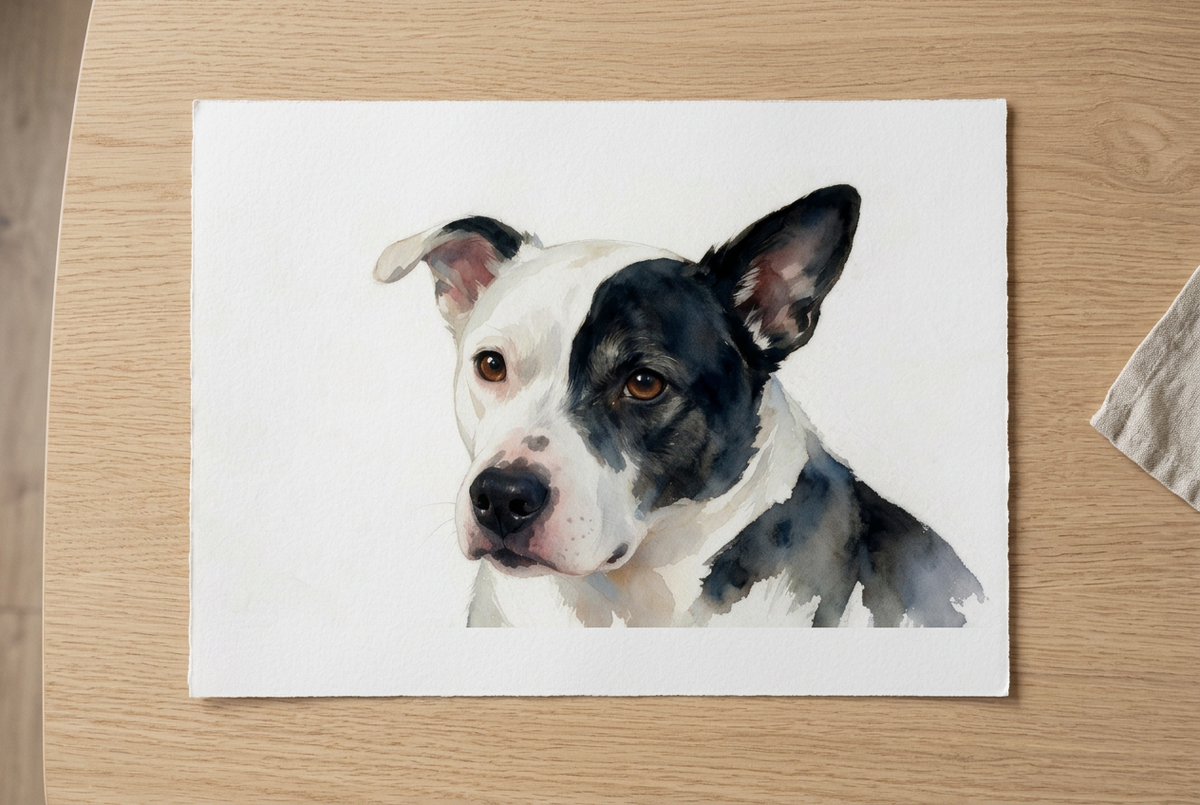 Illustrative mock-up of Trixie's personalised pet art as an unframed paper print